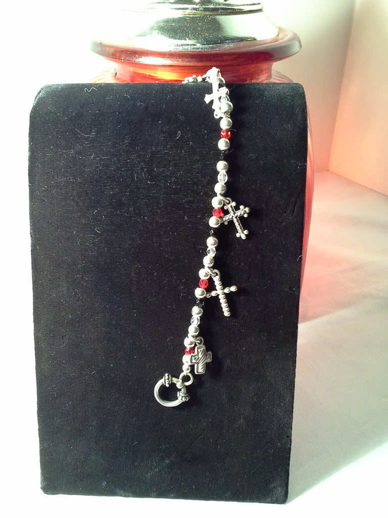 Sterling Silver 925 Beaded 5 Cross Charm Bracelet