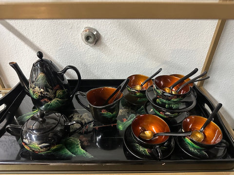 Vintage Wood Lacquer Tea Set service for 6